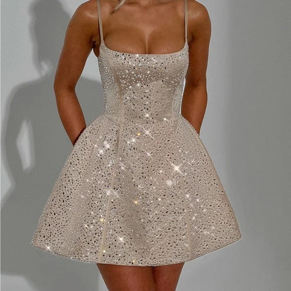 Elegant Cream Rhinestone Dress - Babyboo - Picture 1 of 5